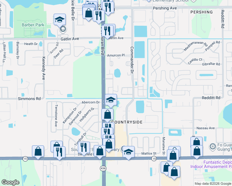 map of restaurants, bars, coffee shops, grocery stores, and more near 5183 La Mancha Court in Orlando