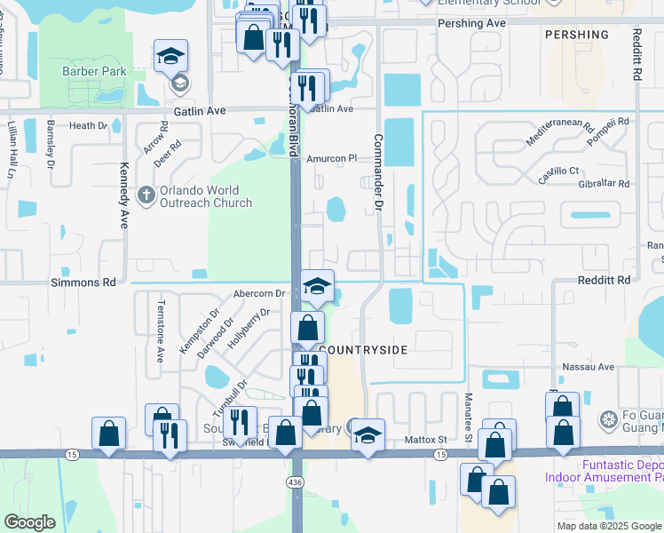 map of restaurants, bars, coffee shops, grocery stores, and more near 5183 La Mancha Court in Orlando