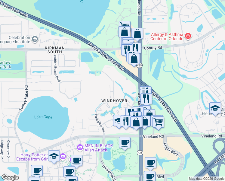 map of restaurants, bars, coffee shops, grocery stores, and more near 5086 Ernst Court in Orlando