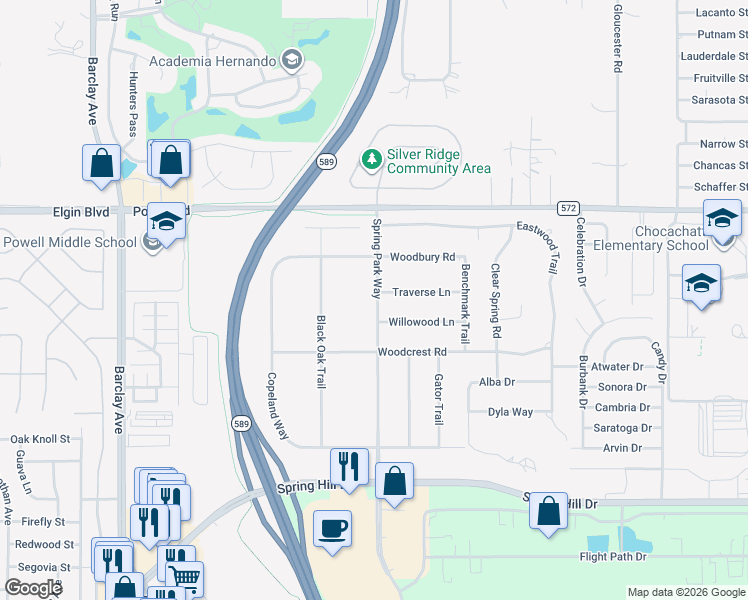 map of restaurants, bars, coffee shops, grocery stores, and more near 4025 Spring Park Way in Brooksville