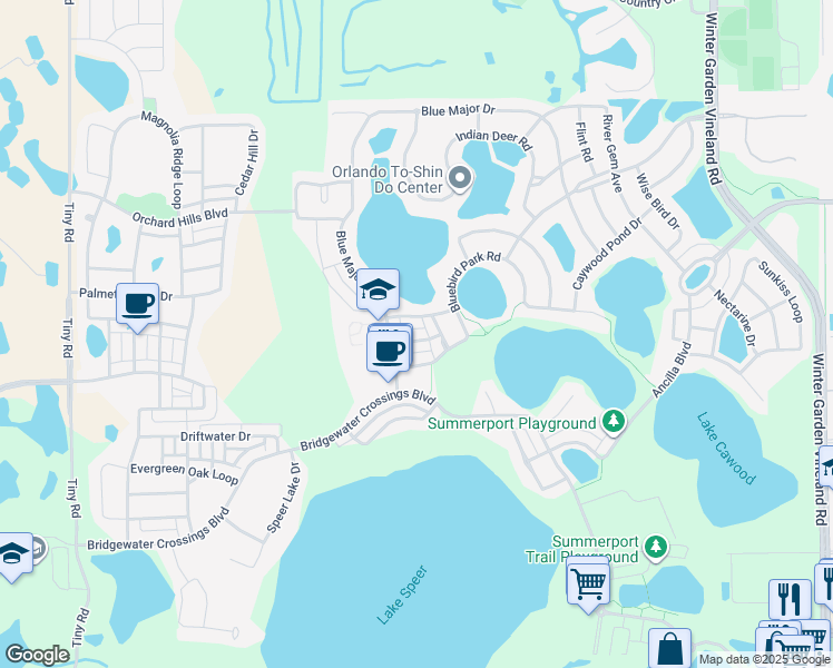 map of restaurants, bars, coffee shops, grocery stores, and more near 14237 Confetti Drive in Windermere