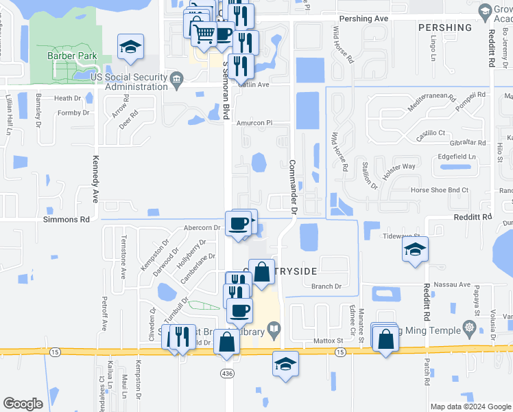 map of restaurants, bars, coffee shops, grocery stores, and more near 5183 La Mancha Court in Orlando