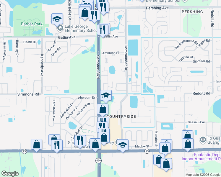 map of restaurants, bars, coffee shops, grocery stores, and more near 5183 La Mancha Court in Orlando
