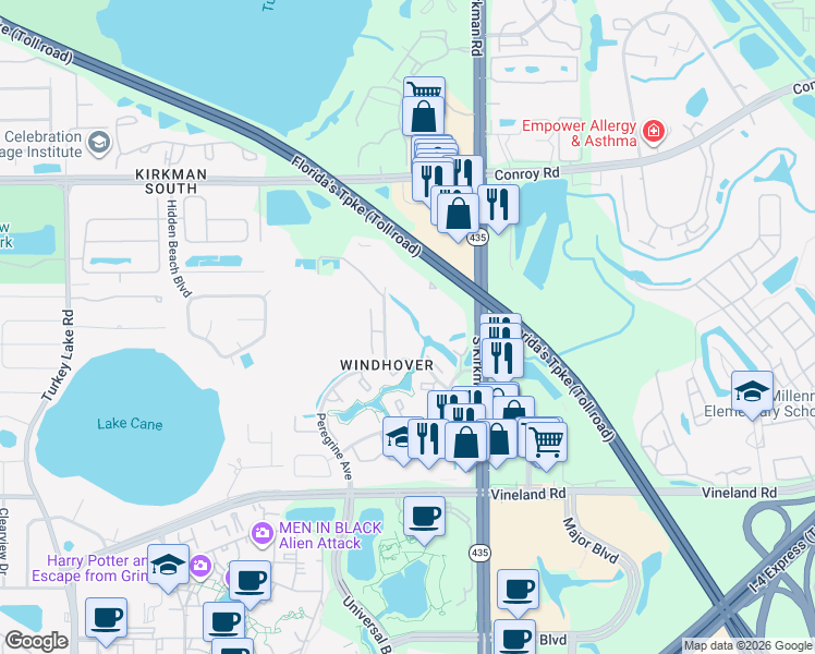 map of restaurants, bars, coffee shops, grocery stores, and more near 5123 Eaglesmere Drive in Orlando