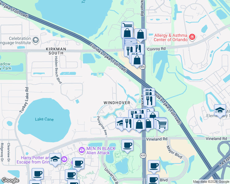map of restaurants, bars, coffee shops, grocery stores, and more near 5086 Ernst Court in Orlando