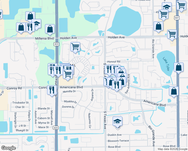 map of restaurants, bars, coffee shops, grocery stores, and more near 5133 Picadilly Circus Court in Orlando