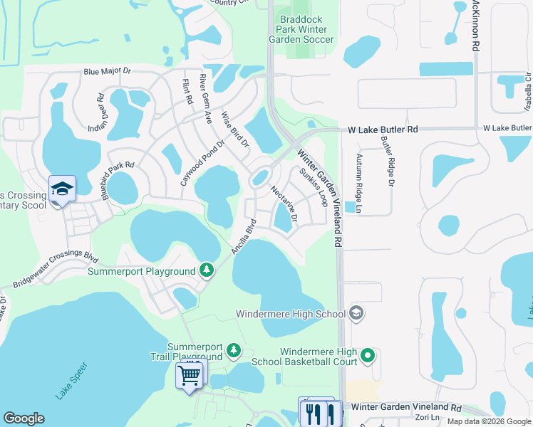 map of restaurants, bars, coffee shops, grocery stores, and more near 13531 Ancilla Boulevard in Windermere