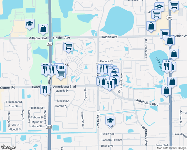 map of restaurants, bars, coffee shops, grocery stores, and more near 5180 Downing Street in Orlando