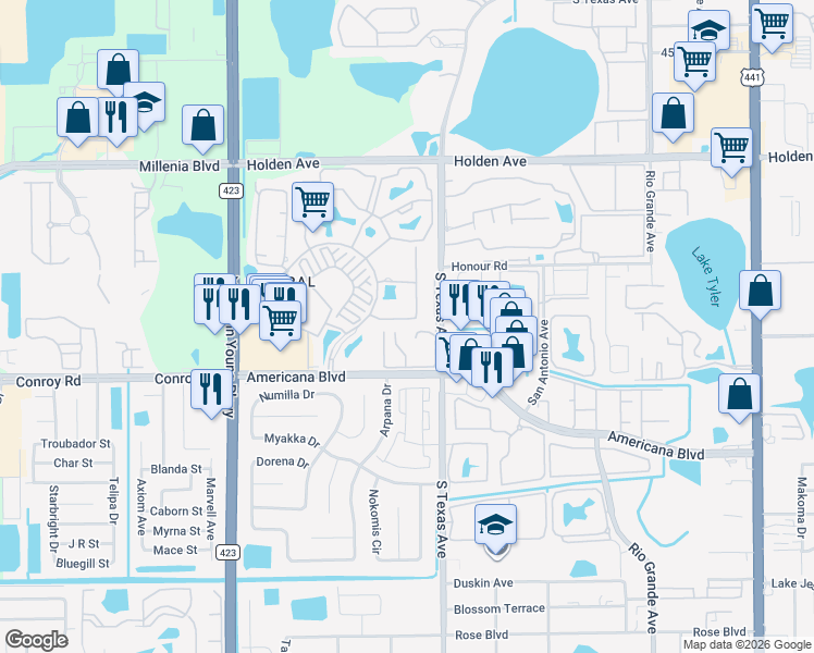map of restaurants, bars, coffee shops, grocery stores, and more near 5133 Picadilly Circus Court in Orlando