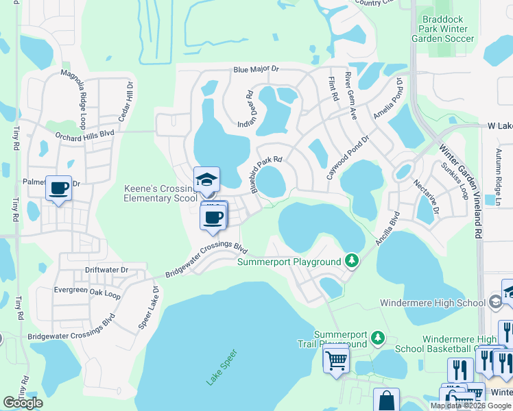 map of restaurants, bars, coffee shops, grocery stores, and more near 5327 Segari Way in Windermere