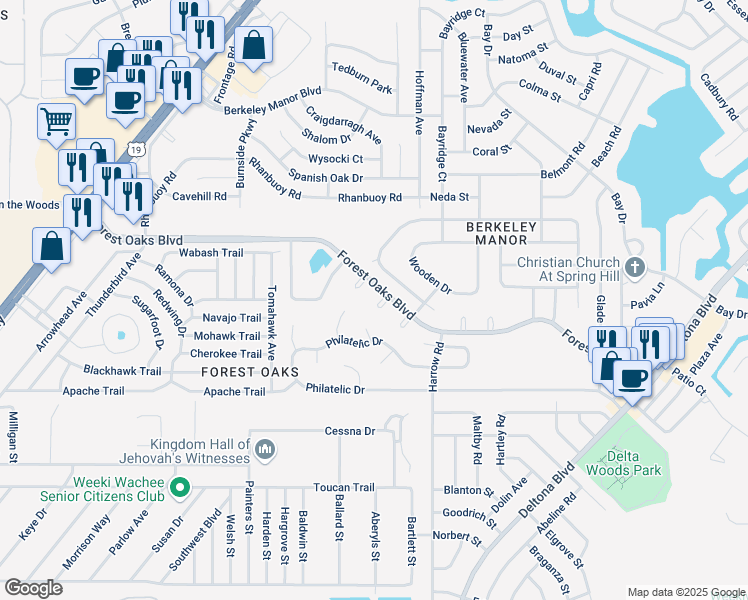 map of restaurants, bars, coffee shops, grocery stores, and more near 8208 Forest Oaks Boulevard in Spring Hill