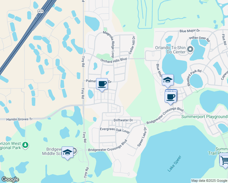 map of restaurants, bars, coffee shops, grocery stores, and more near 14819 Magnolia Ridge Loop in Winter Garden