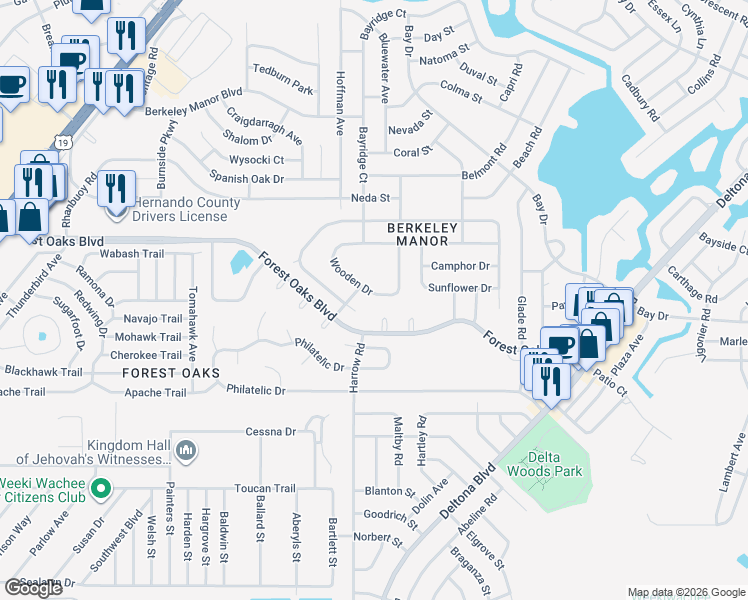map of restaurants, bars, coffee shops, grocery stores, and more near 8309 Forest Oaks Boulevard in Spring Hill