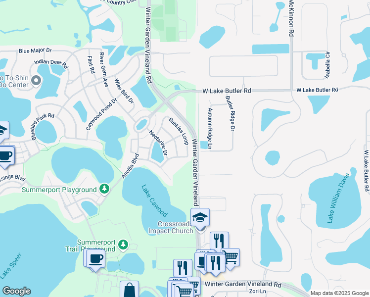 map of restaurants, bars, coffee shops, grocery stores, and more near 13384 Sunkiss Loop in Windermere