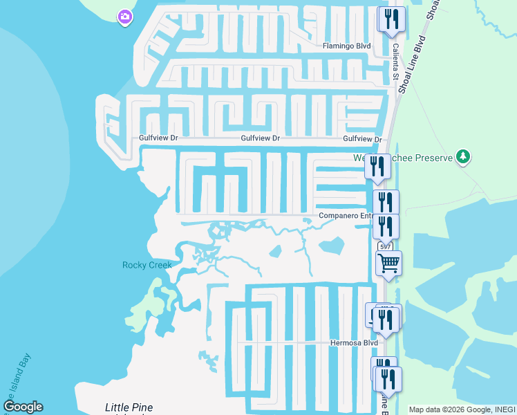 map of restaurants, bars, coffee shops, grocery stores, and more near 4091 Des Prez Court in Hernando Beach