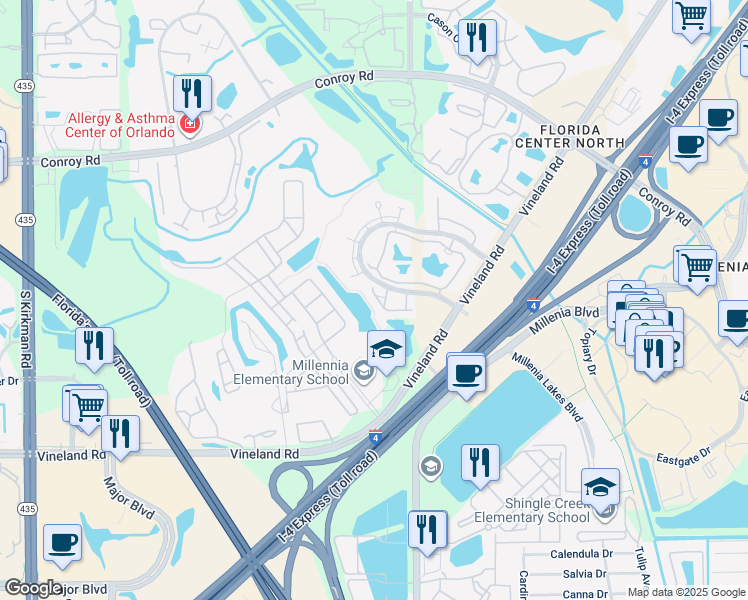 map of restaurants, bars, coffee shops, grocery stores, and more near 4855 Walden Circle in Orlando