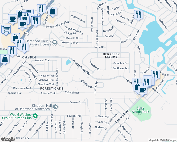 map of restaurants, bars, coffee shops, grocery stores, and more near 8236 Forest Oaks Boulevard in Spring Hill