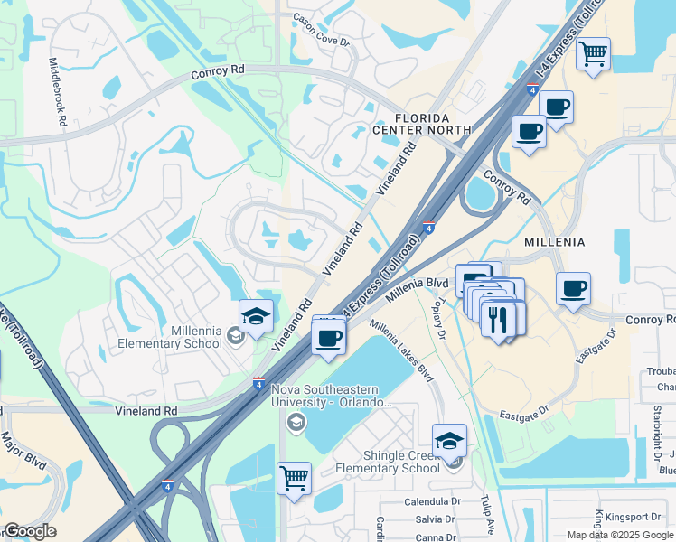 map of restaurants, bars, coffee shops, grocery stores, and more near 4895 Vineland Road in Orlando