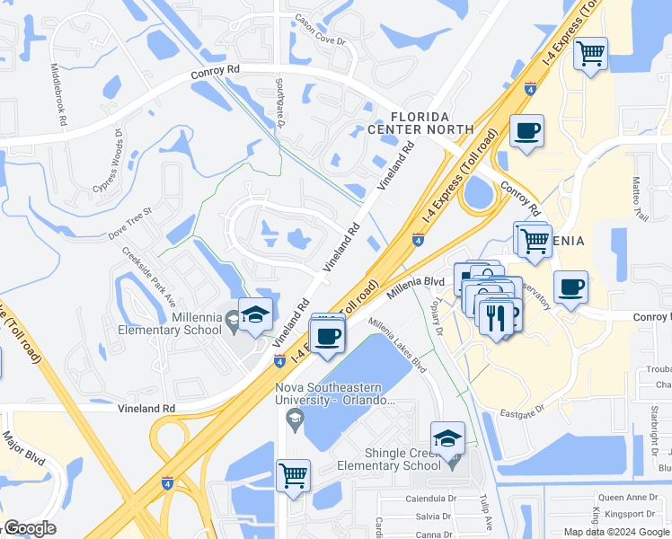 map of restaurants, bars, coffee shops, grocery stores, and more near 4895 Vineland Road in Orlando