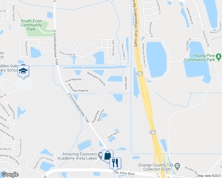 map of restaurants, bars, coffee shops, grocery stores, and more near 9985 Savannah Bluff Lane in Orlando