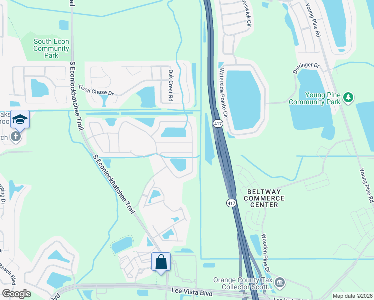 map of restaurants, bars, coffee shops, grocery stores, and more near 10043 Medallion Bluff Lane in Orlando