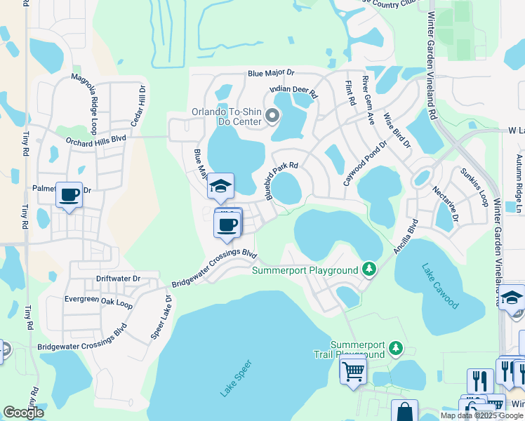 map of restaurants, bars, coffee shops, grocery stores, and more near 5229 Segari Way in Windermere