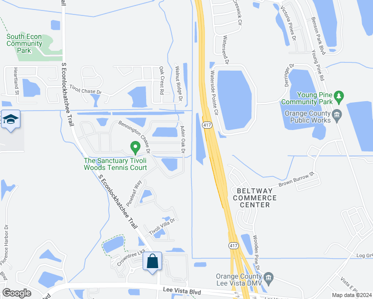 map of restaurants, bars, coffee shops, grocery stores, and more near 5103 Adair Oak Drive in Orlando