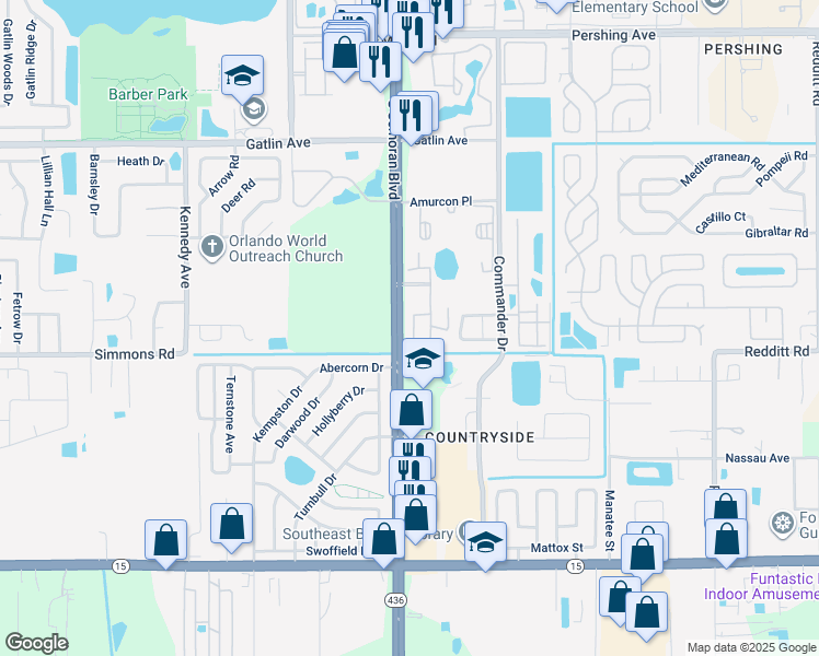 map of restaurants, bars, coffee shops, grocery stores, and more near 5175 La Mancha Court in Orlando