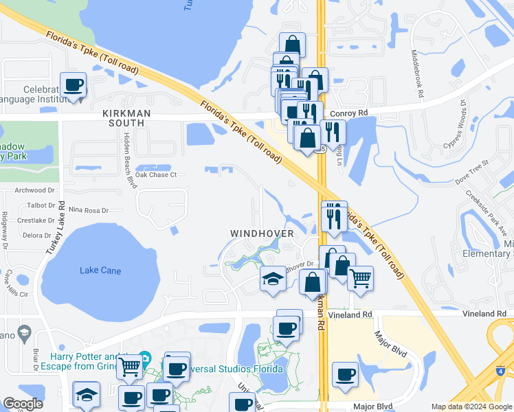 map of restaurants, bars, coffee shops, grocery stores, and more near 5056 Ernst Court in Orlando