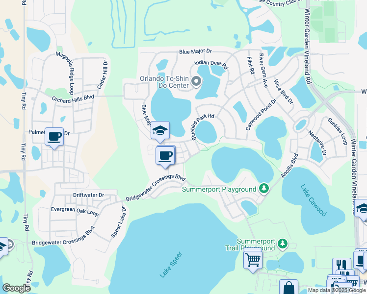 map of restaurants, bars, coffee shops, grocery stores, and more near 14231 Sonco Avenue in Windermere