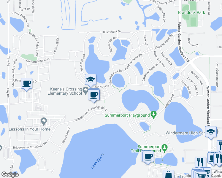 map of restaurants, bars, coffee shops, grocery stores, and more near 14427 Bluebird Park Road in Windermere