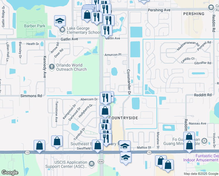 map of restaurants, bars, coffee shops, grocery stores, and more near 5175 La Mancha Court in Orlando