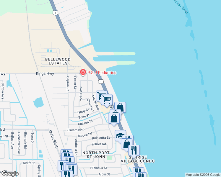 map of restaurants, bars, coffee shops, grocery stores, and more near 7400 U.S. 1 in Cocoa