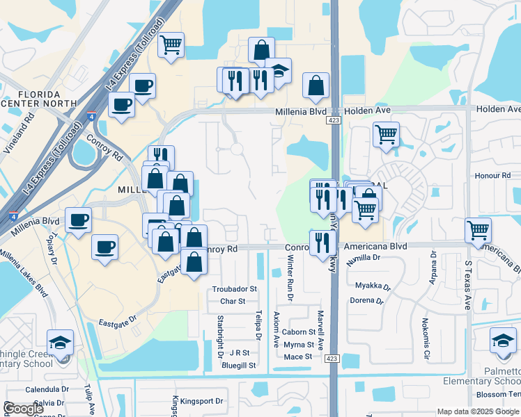 map of restaurants, bars, coffee shops, grocery stores, and more near 3605 Conroy Road in Orlando
