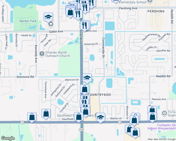 map of restaurants, bars, coffee shops, grocery stores, and more near 5175 La Mancha Court in Orlando