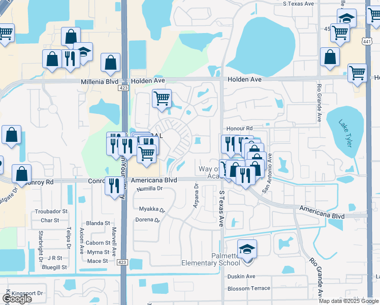 map of restaurants, bars, coffee shops, grocery stores, and more near 2352 Grand Central Parkway in Orlando