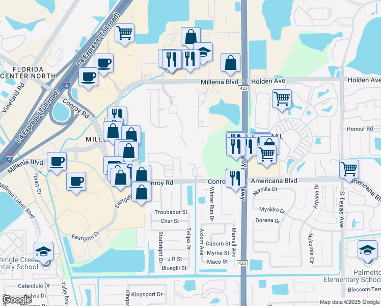 map of restaurants, bars, coffee shops, grocery stores, and more near 3605 Conroy Road in Orlando