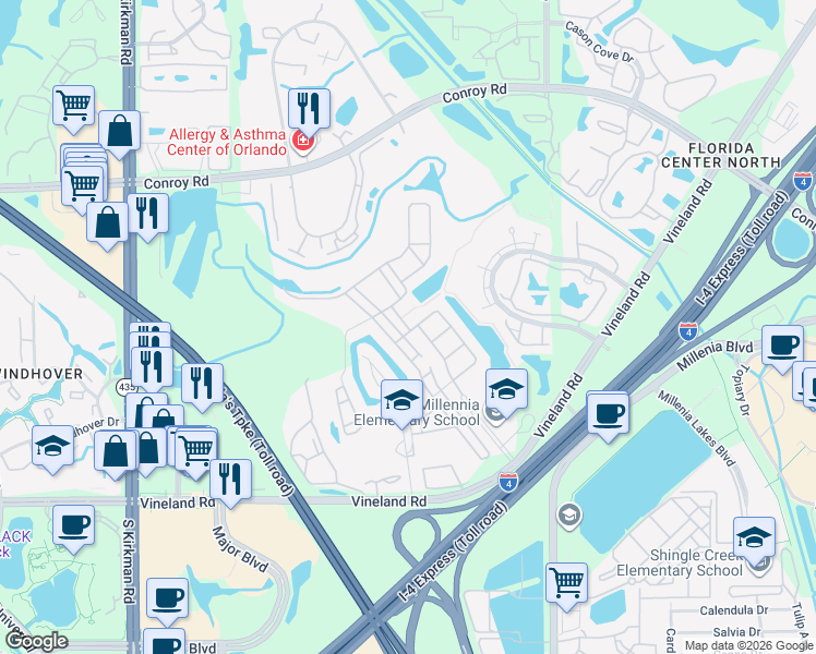 map of restaurants, bars, coffee shops, grocery stores, and more near 4858 Millennia Park Drive in Orlando