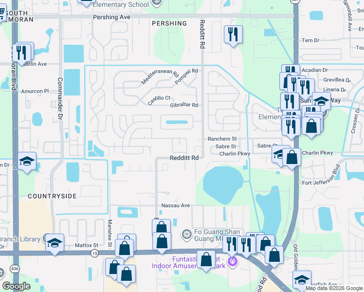 map of restaurants, bars, coffee shops, grocery stores, and more near 6607 Horse Shoe Bend in Orlando