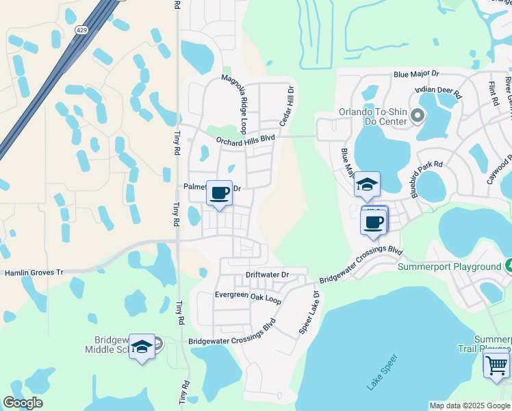 map of restaurants, bars, coffee shops, grocery stores, and more near 4931 Wildwood Pointe Road in Winter Garden