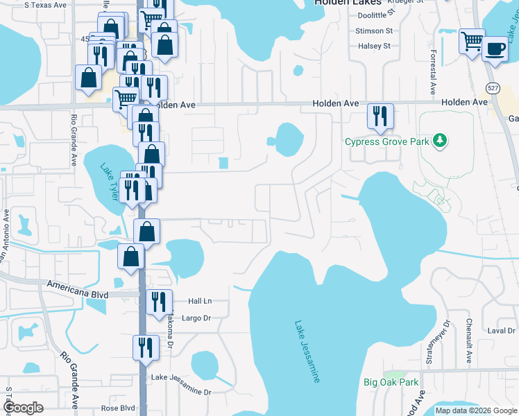 map of restaurants, bars, coffee shops, grocery stores, and more near 5133 Legacy Oaks Drive in Orlando