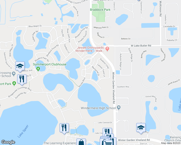 map of restaurants, bars, coffee shops, grocery stores, and more near 13050 Sunkiss Loop in Windermere