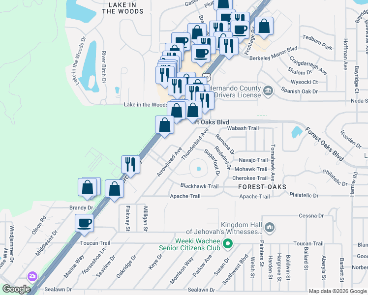 map of restaurants, bars, coffee shops, grocery stores, and more near 4210 Commercial Way in Spring Hill