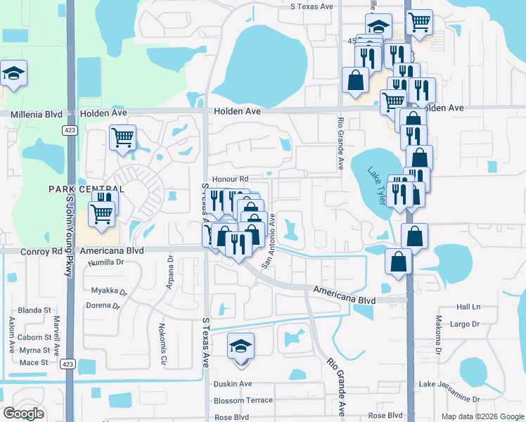 map of restaurants, bars, coffee shops, grocery stores, and more near 1964 Lake Atriums Circle in Orlando