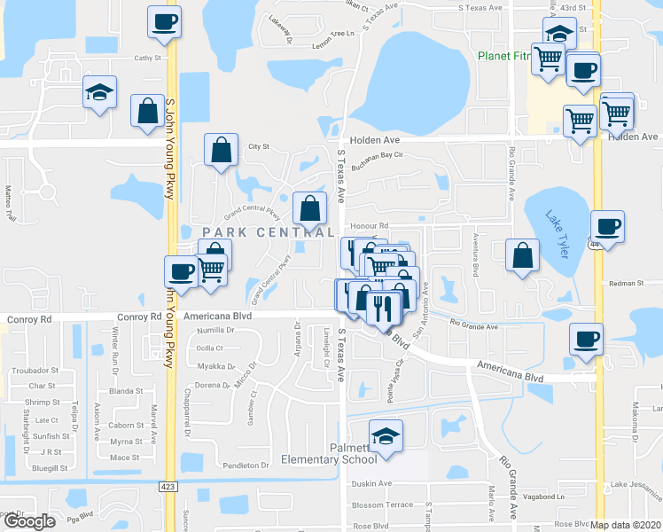 map of restaurants, bars, coffee shops, grocery stores, and more near 5048 Downing Street in Orlando