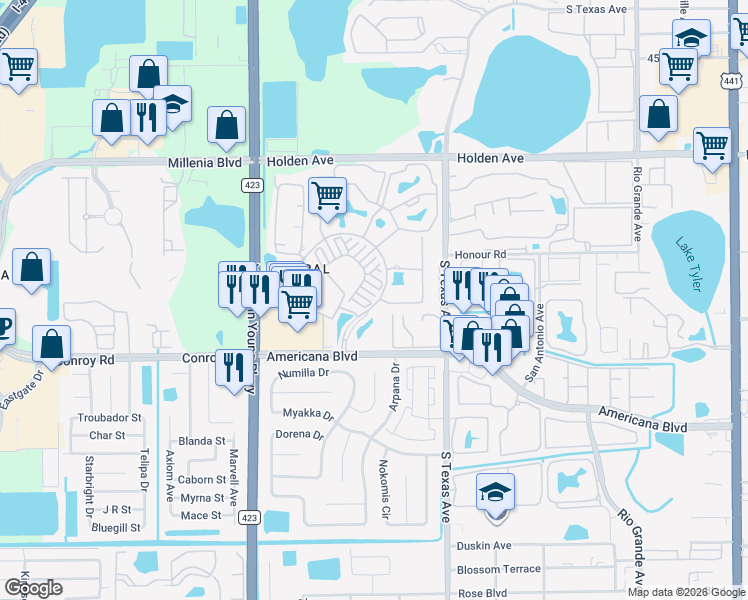 map of restaurants, bars, coffee shops, grocery stores, and more near 2352 Grand Central Parkway in Orlando
