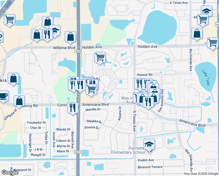 map of restaurants, bars, coffee shops, grocery stores, and more near 2352 Grand Central Parkway in Orlando