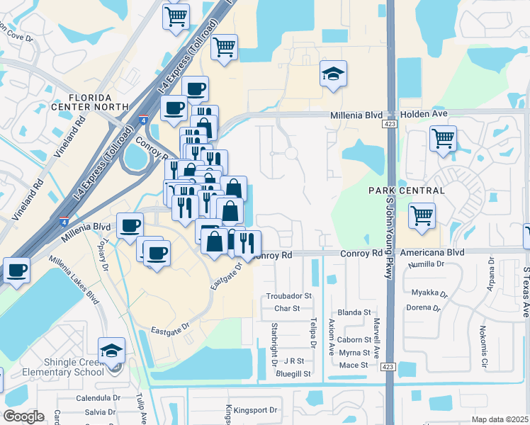 map of restaurants, bars, coffee shops, grocery stores, and more near 3741 Conroy Road in Orlando