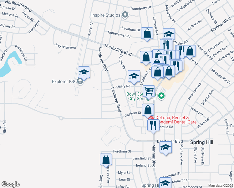 map of restaurants, bars, coffee shops, grocery stores, and more near 4095 Portillo Road in Spring Hill