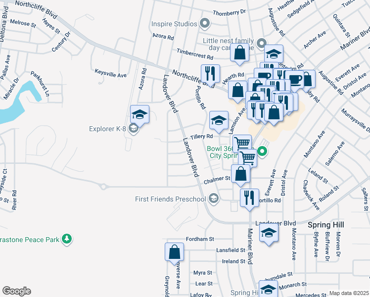 map of restaurants, bars, coffee shops, grocery stores, and more near 10340 Tillery Road in Spring Hill
